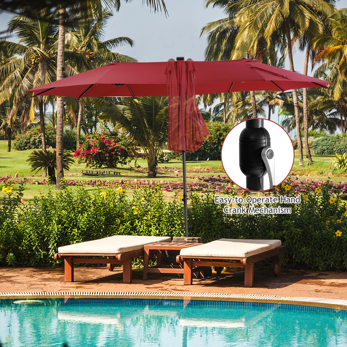 15 Feet Twin Patio Umbrella with 48 Solar LED Lights - Dark Red