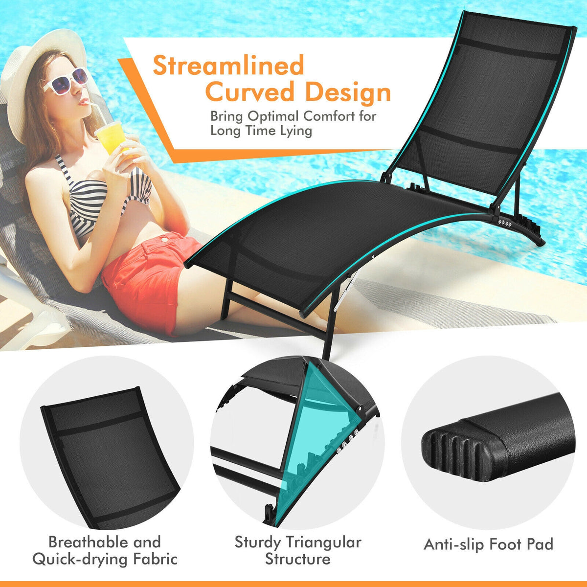 2 Pieces Patio Folding and Stackable Chaise Lounge Chair with