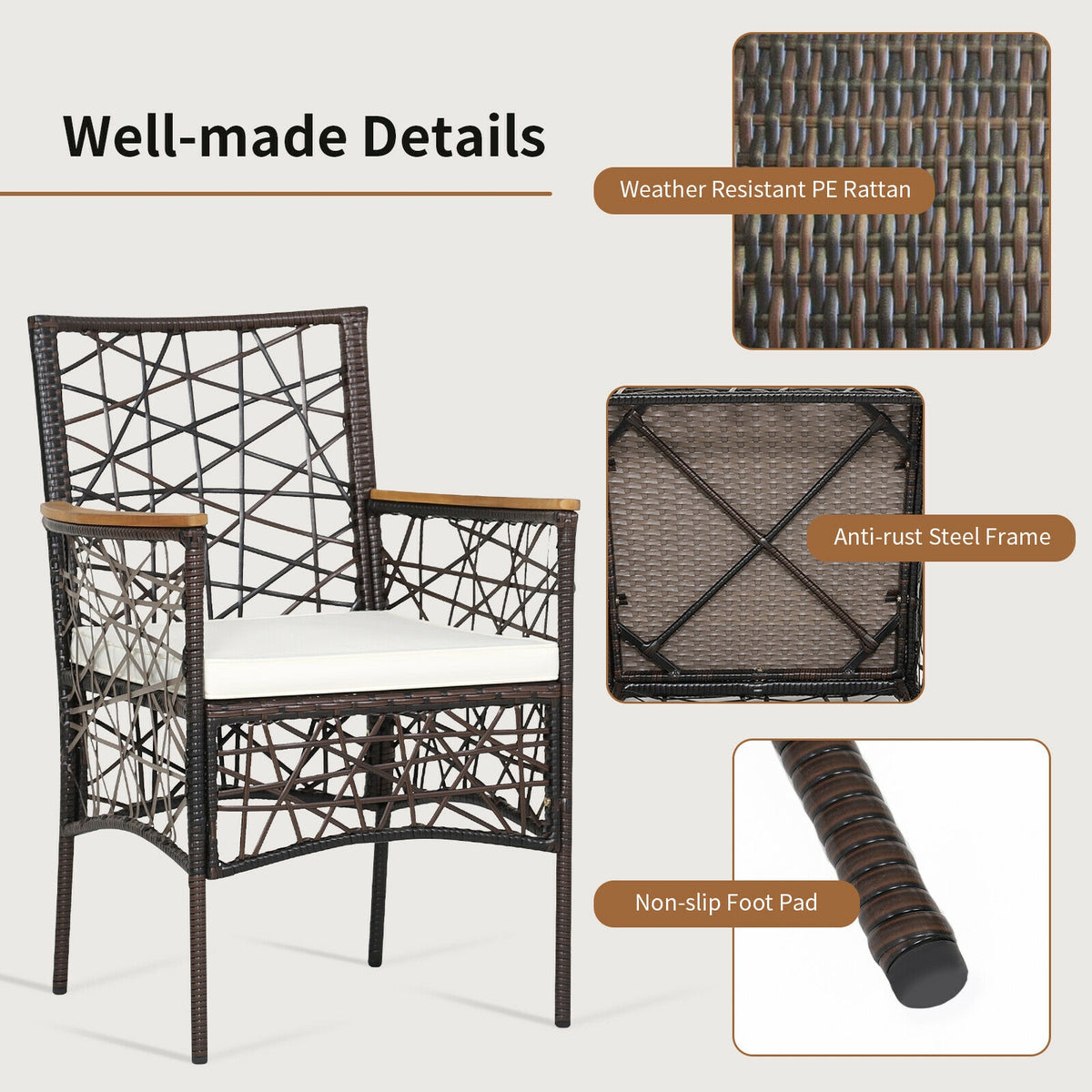 2 Pieces PE Wicker Patio Bistro Dining Chairs with Acacia Wood
