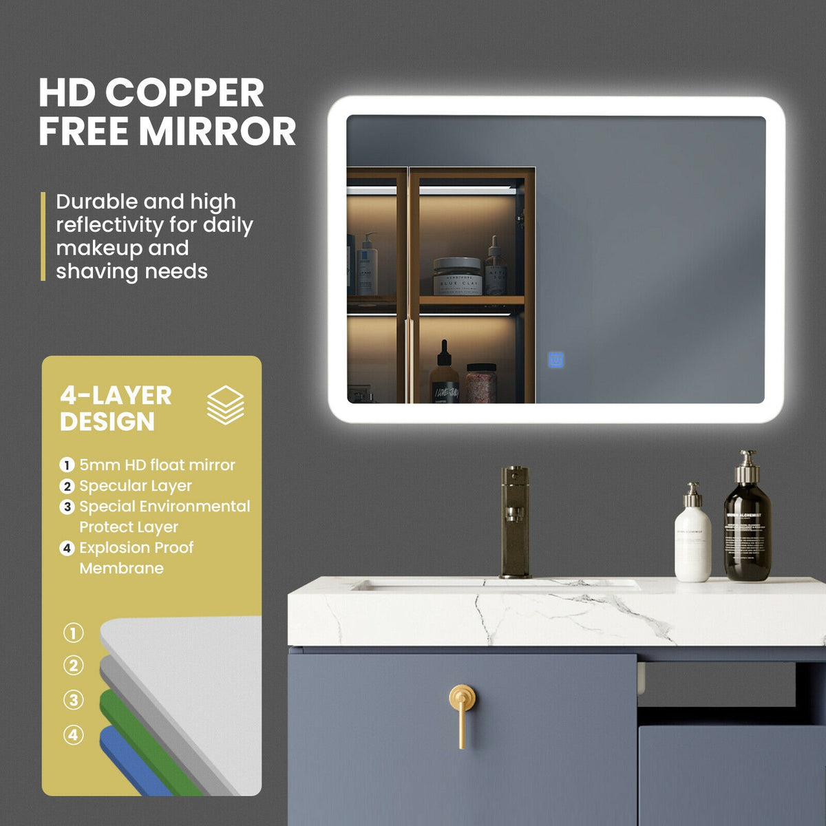 LED Wall-Mounted Bathroom Mirror with Touch Control - Rounded Arc Design