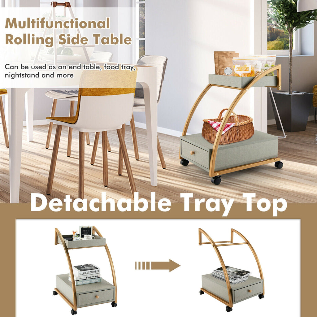 2-Tier Rolling End Table with Drawer - Gray