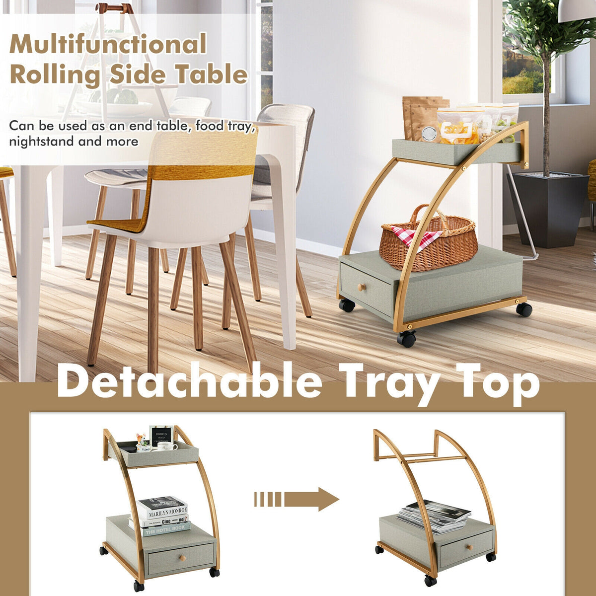 2-Tier Rolling End Table with Drawer - Gray
