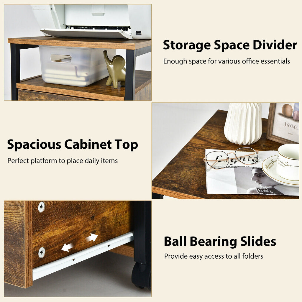 2-Drawer Mobile File Cabinet with Printer Stand – Rustic Brown