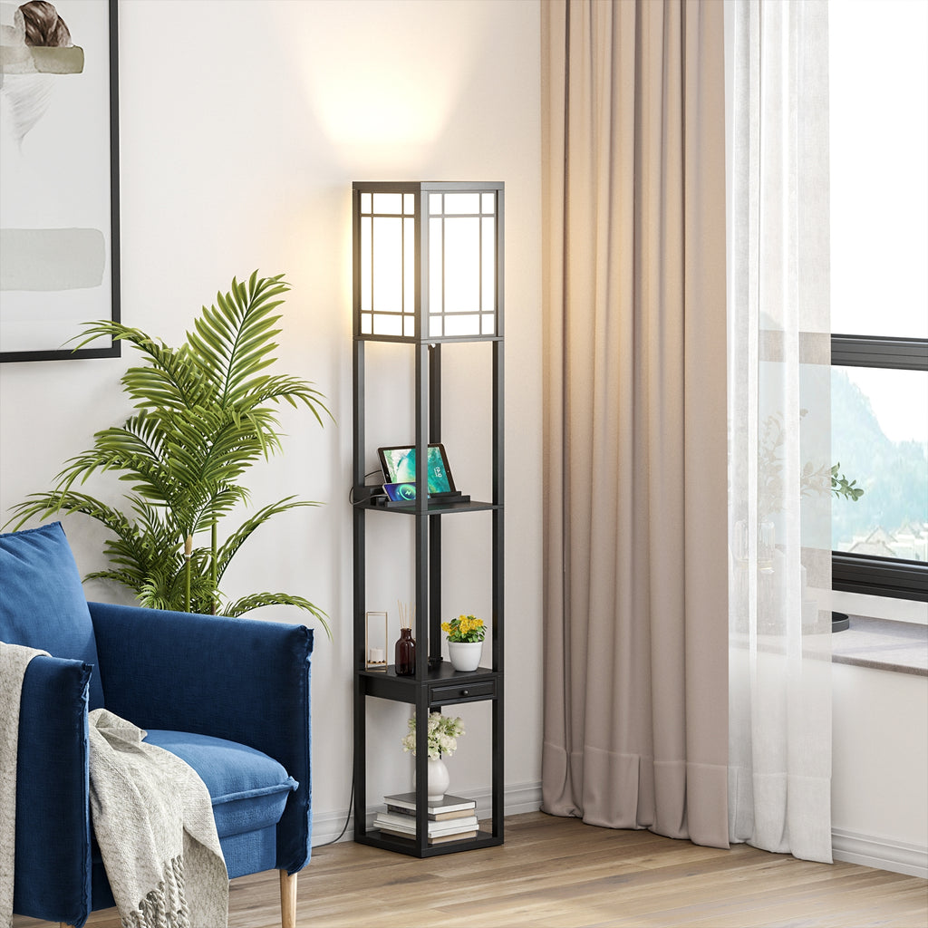 Modern Floor Lamp with Shelves Drawer USB Charging Outlet White Lampshade