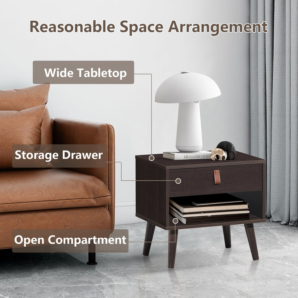 Mid-Century Nightstand with Drawer & Shelf Storage - Brown