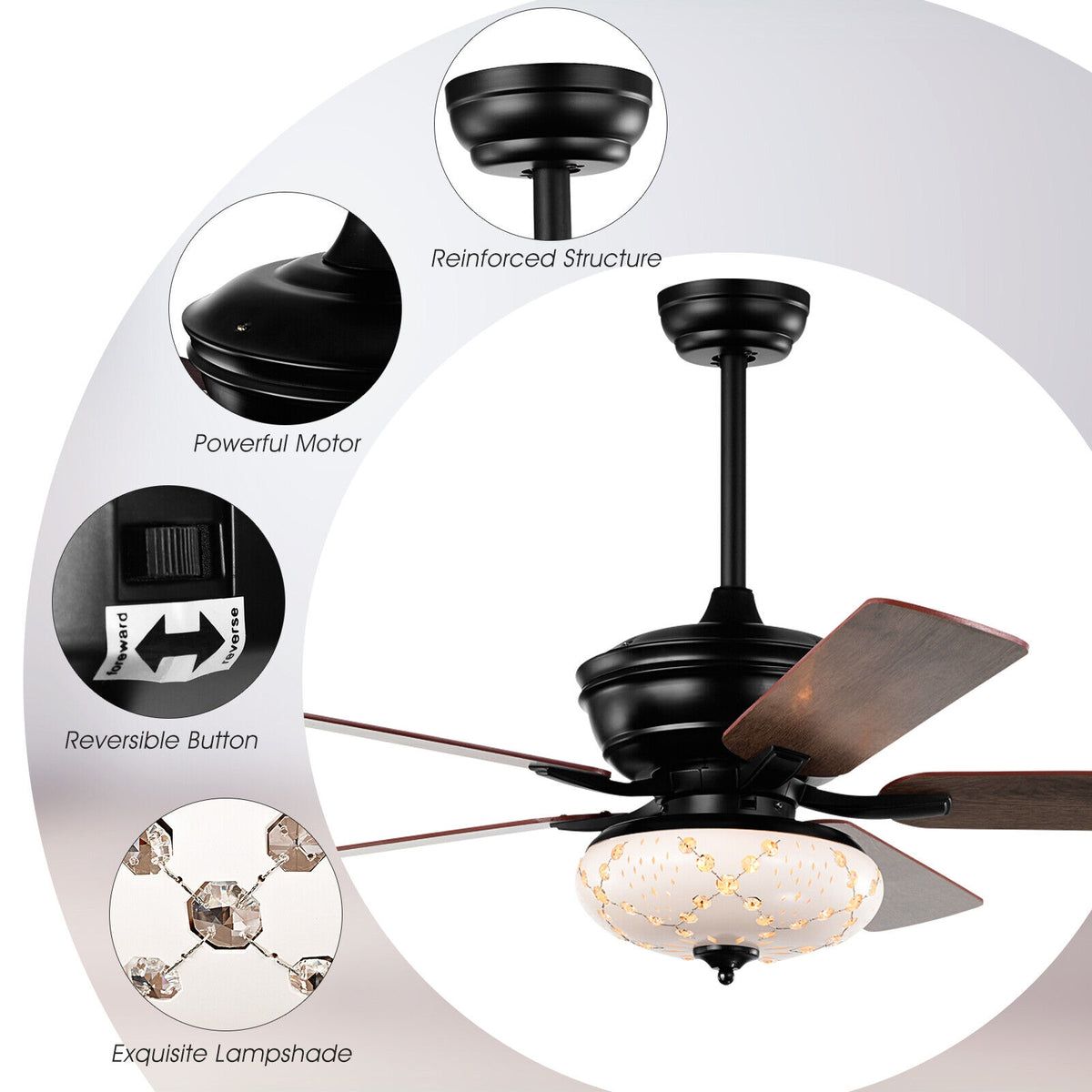 52 Inch Ceiling Fan with 3 Speed Reversible Blades - Black, Remote Control