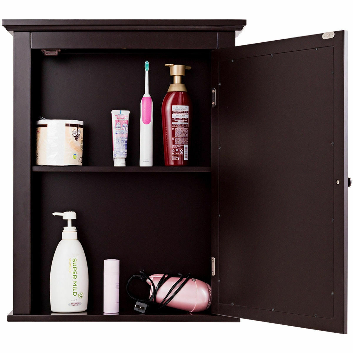 Wall Mount Bathroom Cabinet with Mirror Single Door Brown