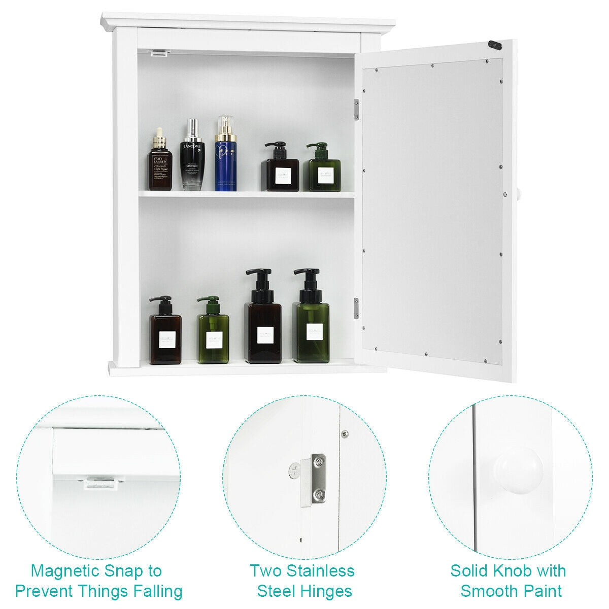 Mirrored Bathroom Cabinet with Adjustable Shelf - White