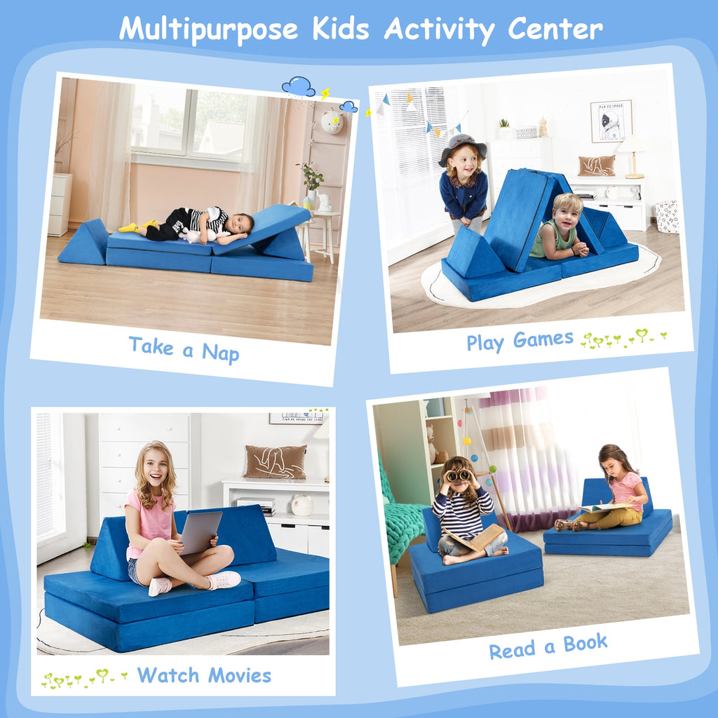 Girls Boys Modular Sofa Play Couch Set with 2 Folding Mats & 2 Triangular Pillows - Blue, 4 Pieces