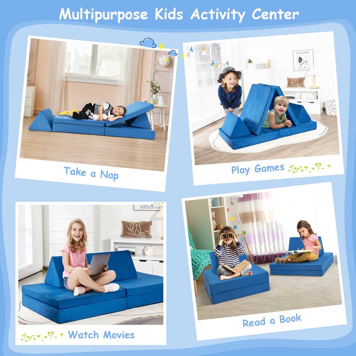 Girls Boys Modular Sofa Play Couch Set with 2 Folding Mats & 2 Triangular Pillows - Blue, 4 Pieces