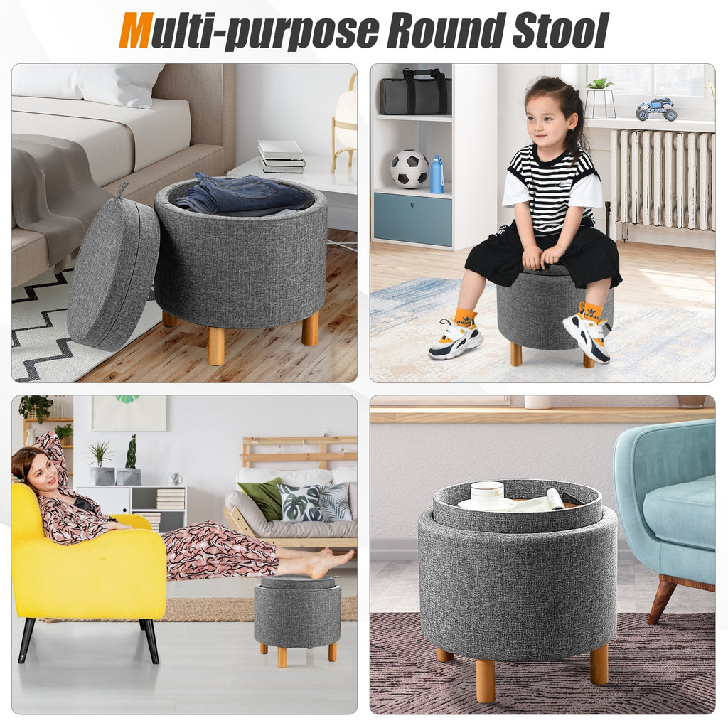 Round Fabric Storage Ottoman with Tray, Gray