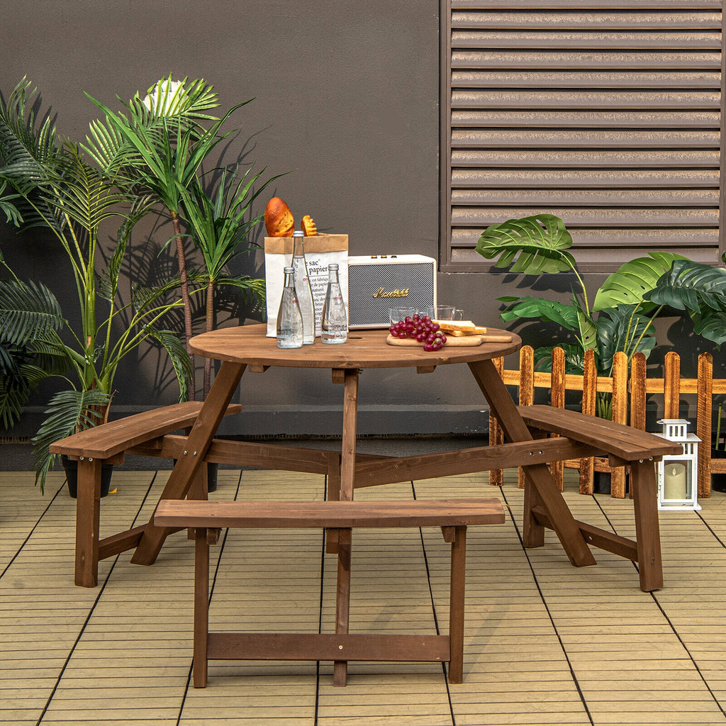 6-person Round Wooden Picnic Table with Umbrella Hole and 3 Built-in