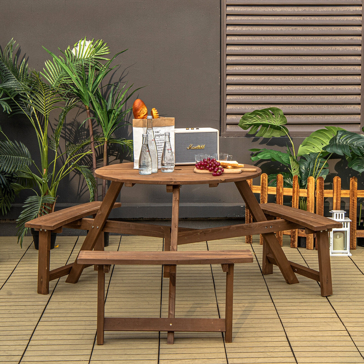 6-person Round Wooden Picnic Table with Umbrella Hole and 3 Built-in