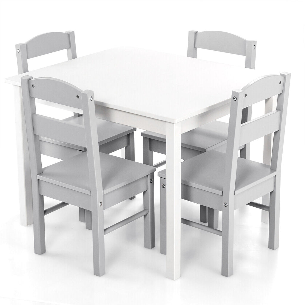 Kids Wooden 5-Piece Table and Chair Set - Rectangular White Playroom Furniture