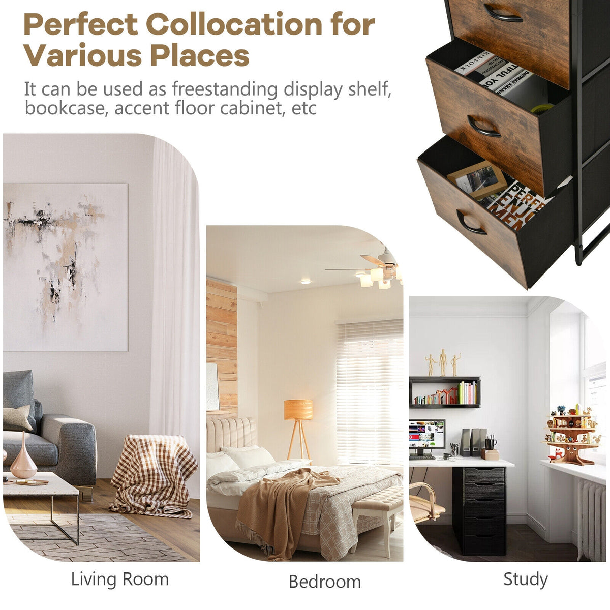 Tall Storage Rack Bookshelf with 3 Folding Drawers and Shelves