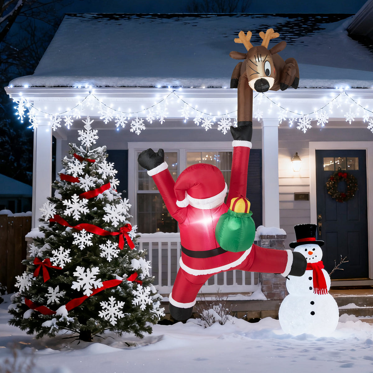8.5 Feet Inflatable Reindeer & Santa Climbing with LED Lights - Reindeer Pulling Santa Variation