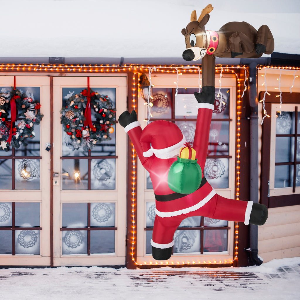 8.5 Feet Inflatable Reindeer & Santa Climbing with LED Lights - Reindeer Pulling Santa Variation