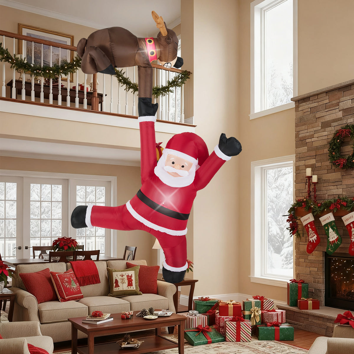 8.5 Feet Inflatable Reindeer & Santa Climbing with LED Lights - Reindeer Pulling Santa Variation