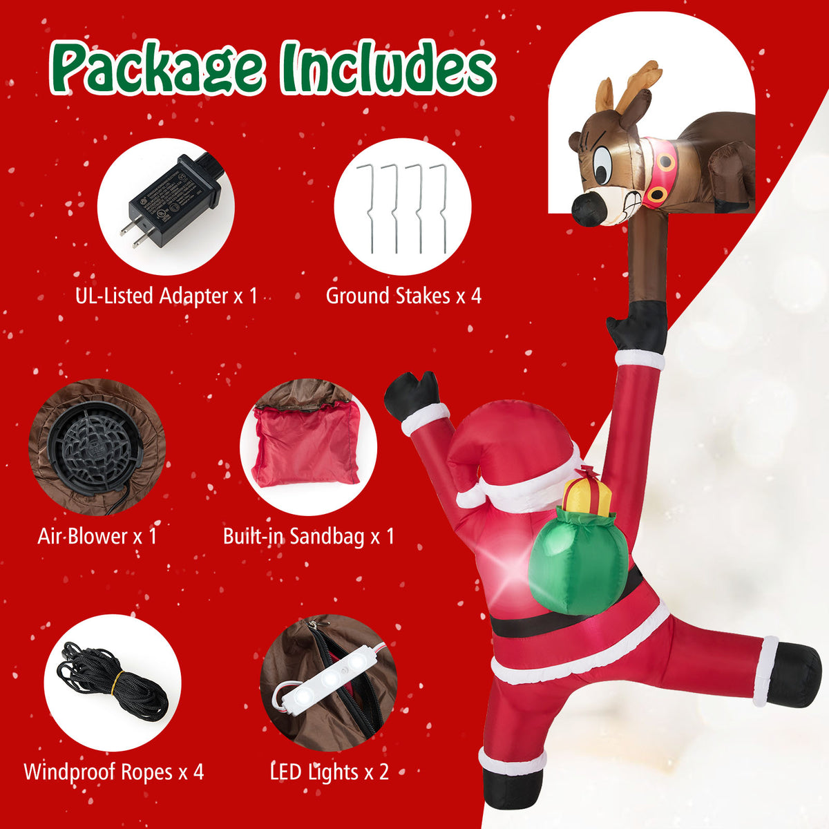 8.5 Feet Inflatable Reindeer & Santa Climbing with LED Lights - Reindeer Pulling Santa Variation