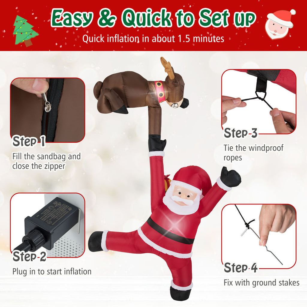 8.5 Feet Inflatable Reindeer & Santa Climbing with LED Lights - Reindeer Pulling Santa Variation