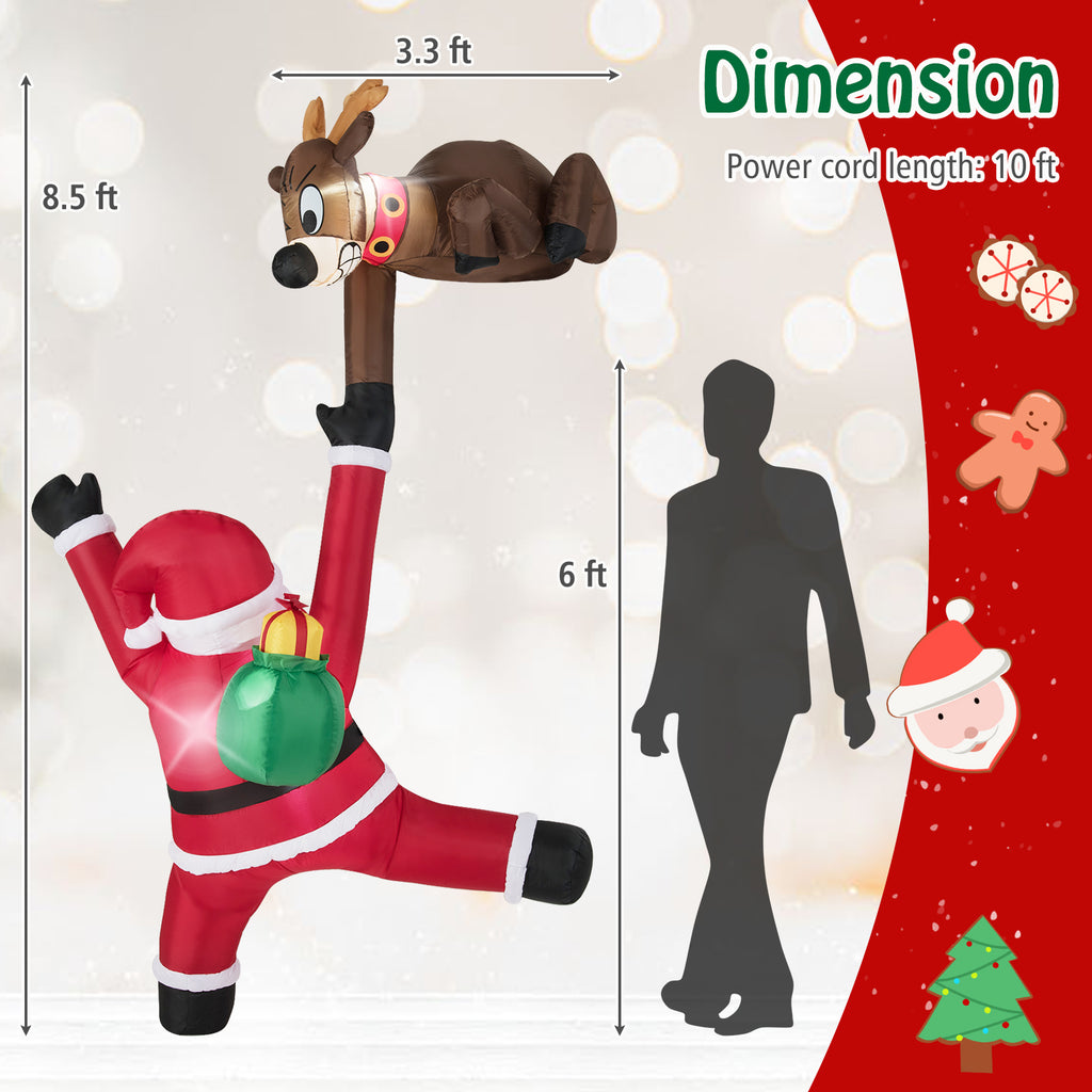 8.5 Feet Inflatable Reindeer & Santa Climbing with LED Lights - Reindeer Pulling Santa Variation