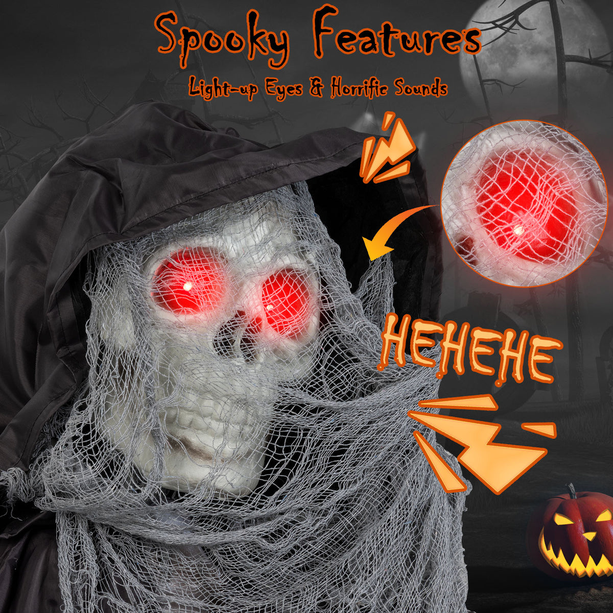 Animated Halloween Grim Reaper Decoration with Glowing Eyes - 8.5 Feet