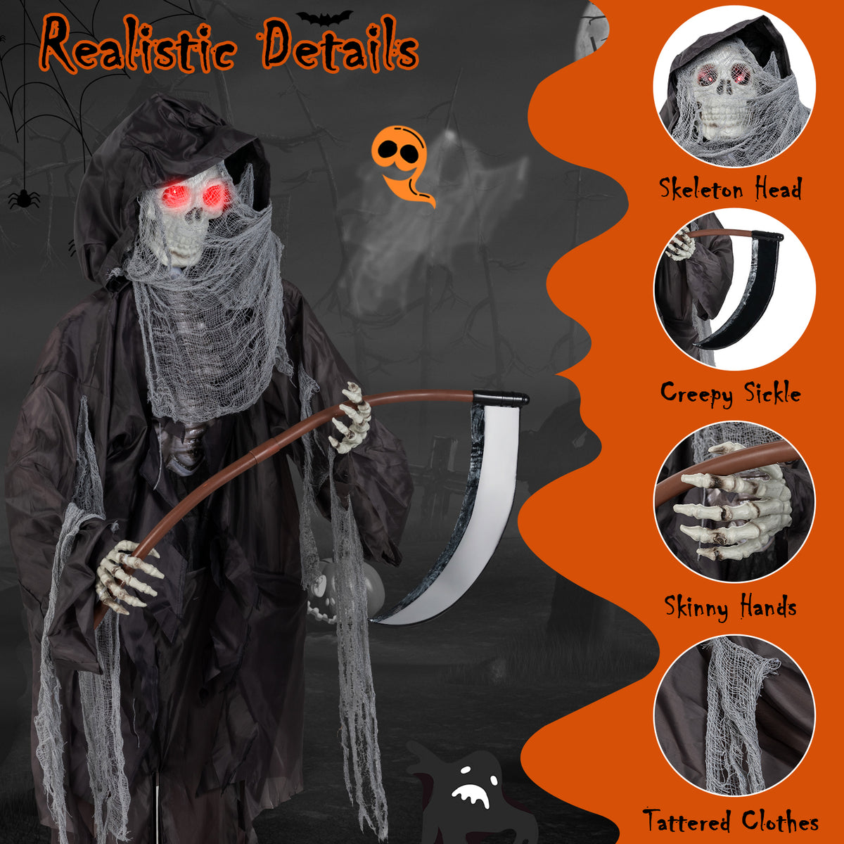 Animated Halloween Grim Reaper Decoration with Glowing Eyes - 8.5 Feet