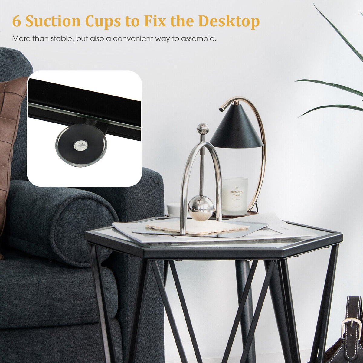 Hexagonal Tempered Glass End Table with Metal Frame