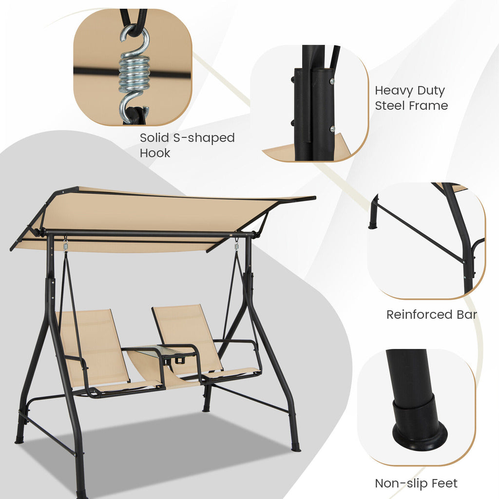 2-Seat Outdoor Cushioned Porch Swing with Adjustable Canopy and