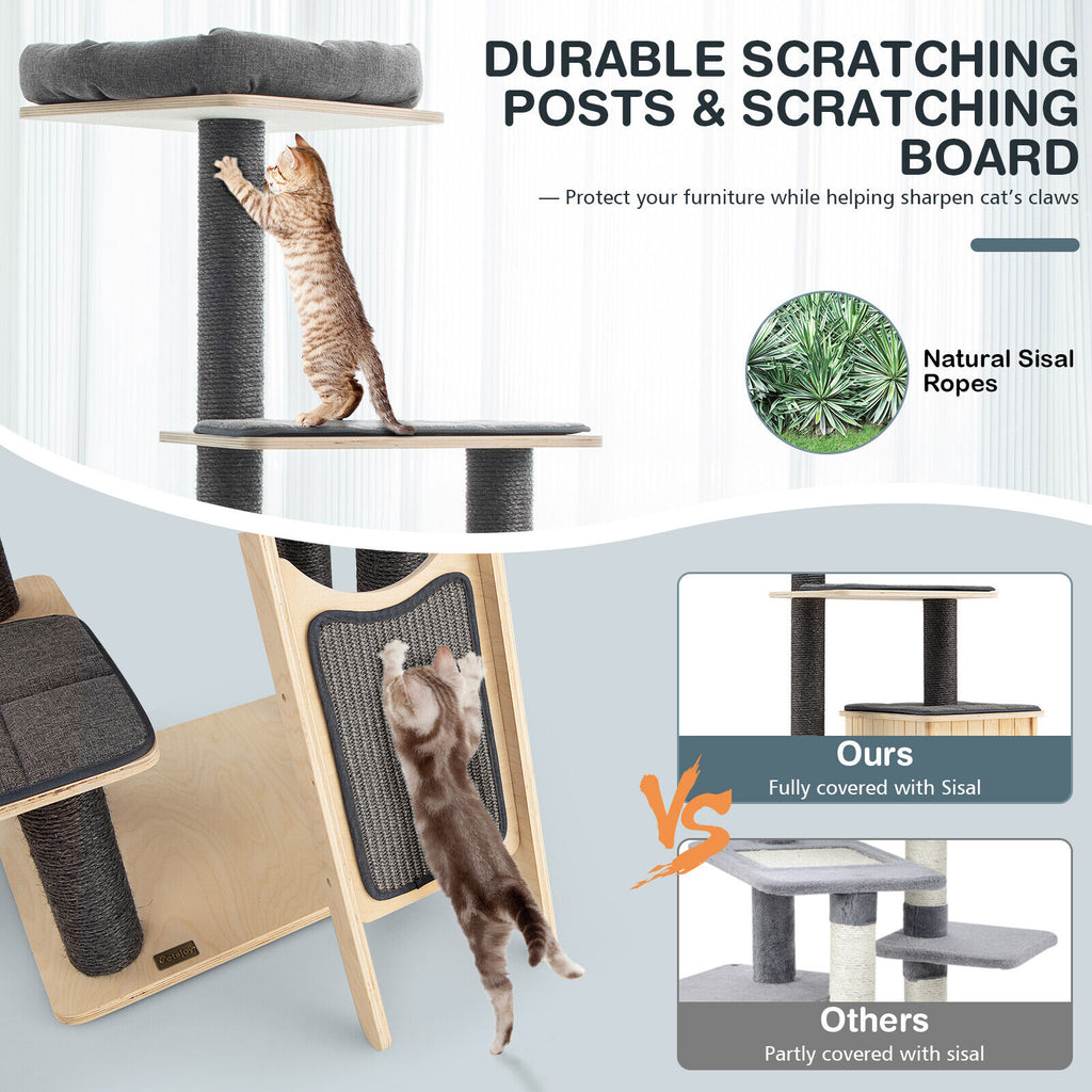 5-Tier Modern Wooden Cat Tower with Washable Cushions - Gray, 5-Layer