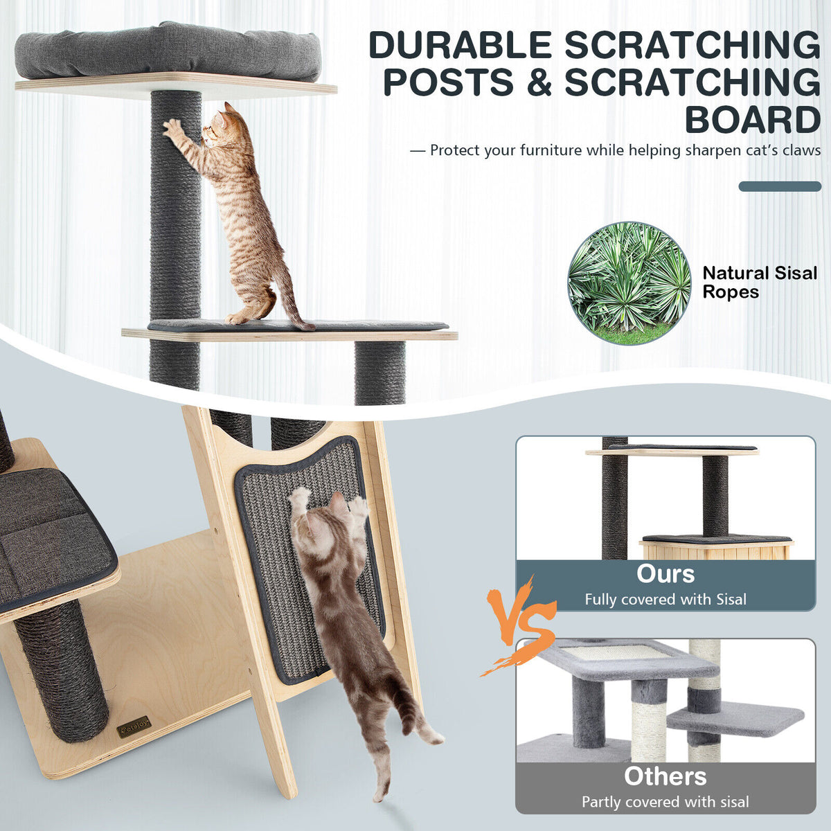5-Tier Modern Wooden Cat Tower with Washable Cushions - Gray, 5-Layer