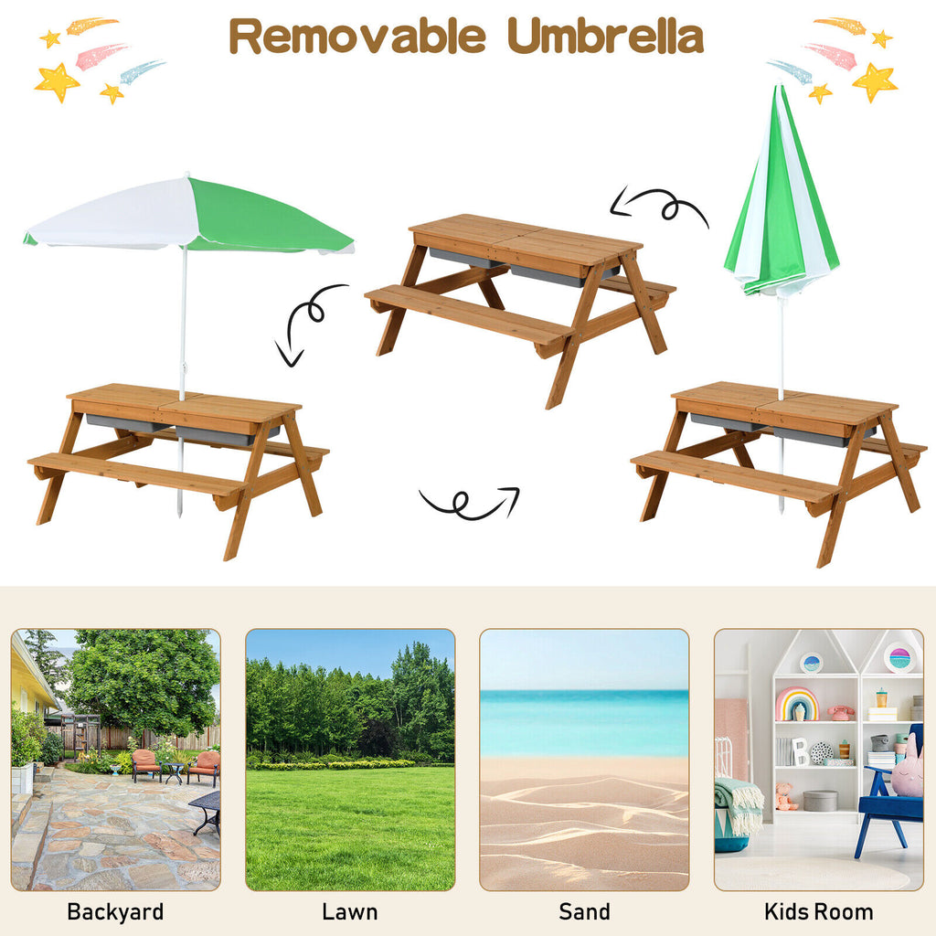 Kids 3-in-1 Outdoor Water and Sand Play Table with Removable Umbrella and Storage - Green