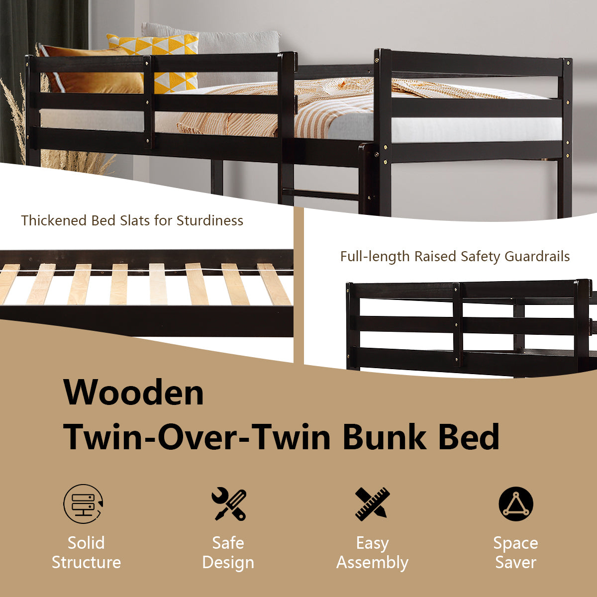 Twin Size Wooden Bunk Bed with Ladder and Safety Rail - Style B, Brown