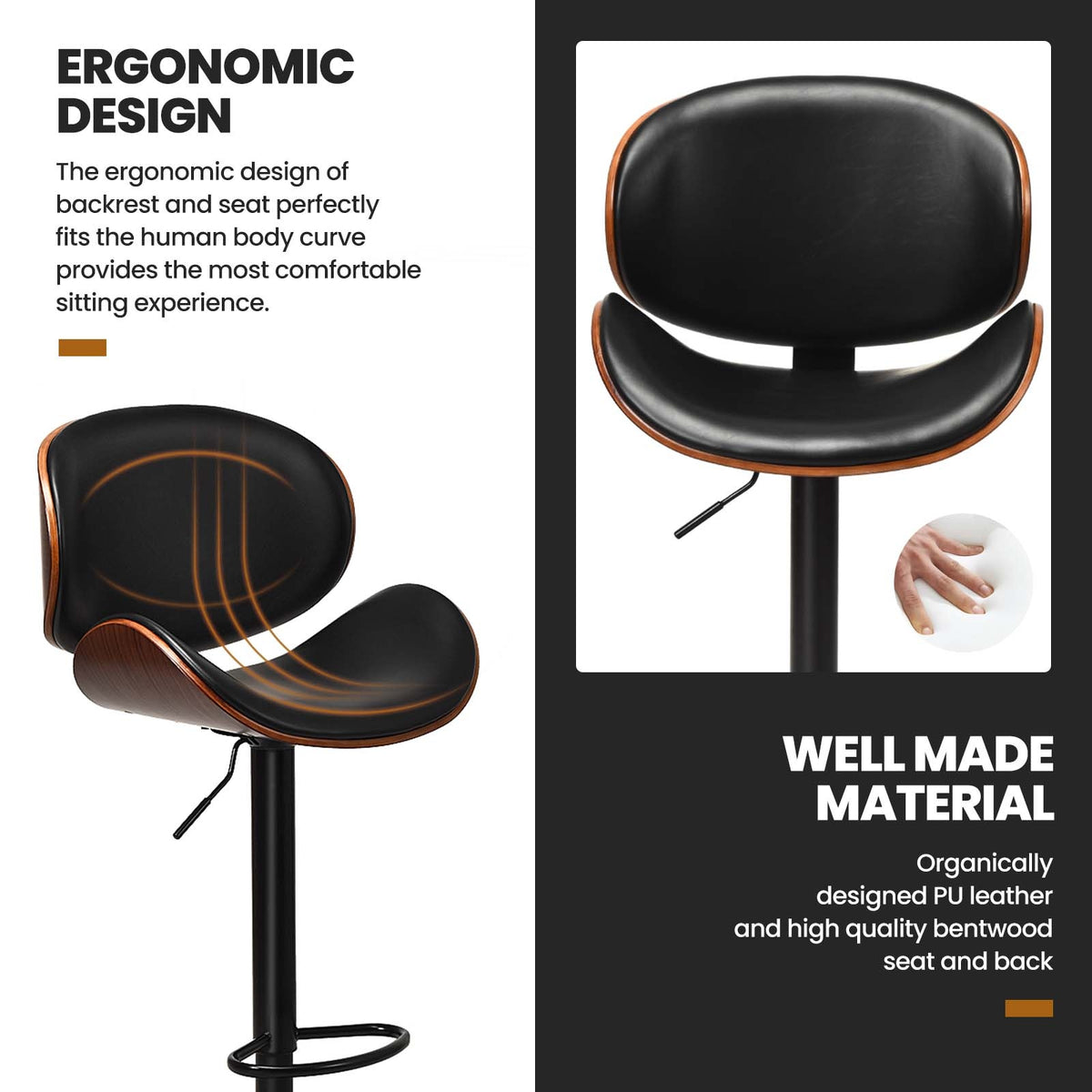 Set of 2 Adjustable Swivel Bar Stools with PU Leather - Curved Chair