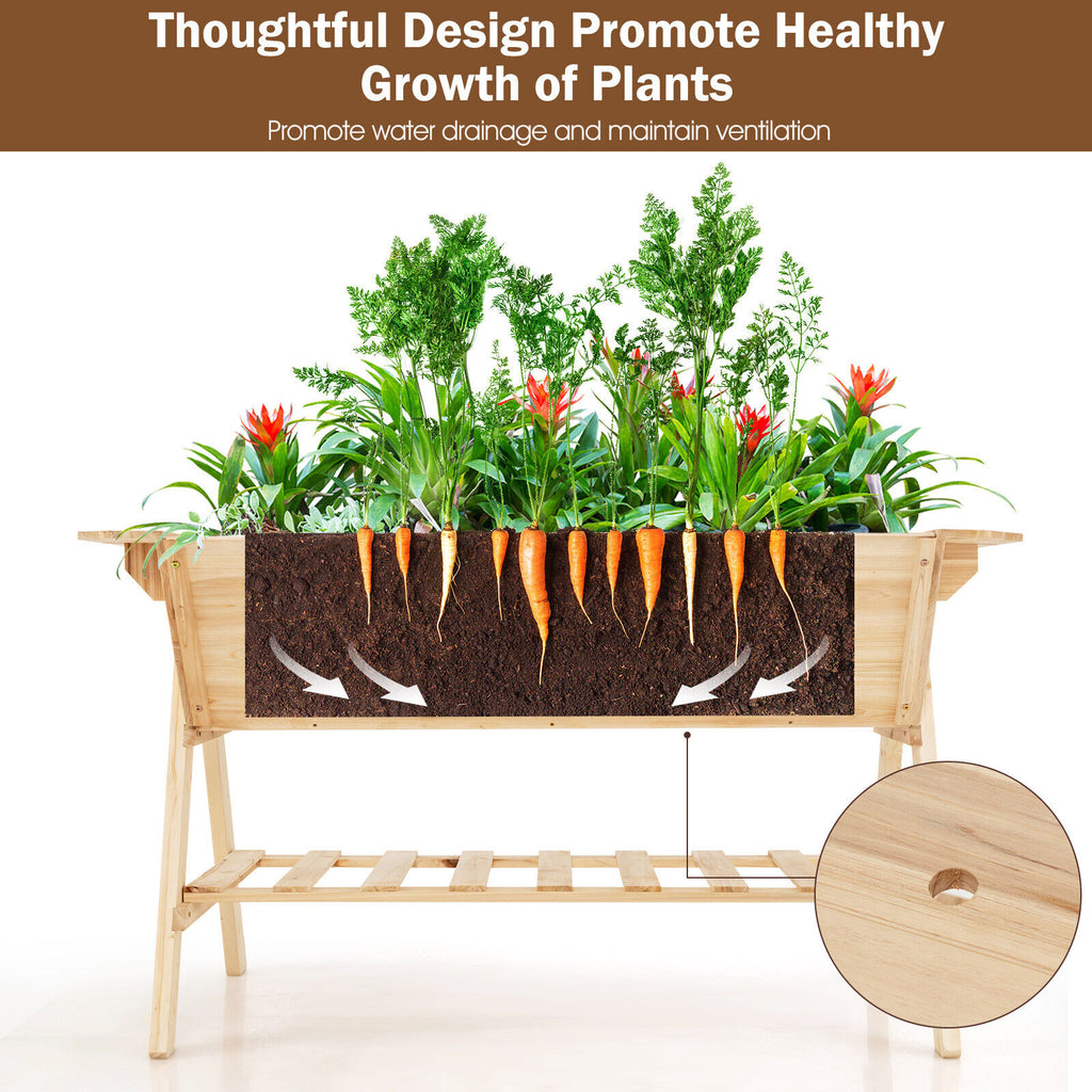 Raised Wood Garden Bed with Shelf and Liner