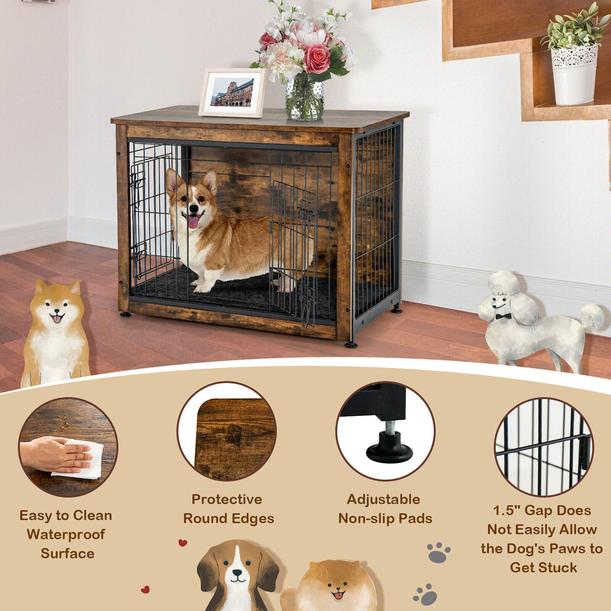 Wooden Dog Crate Furniture with Double Door & Tray - Brown