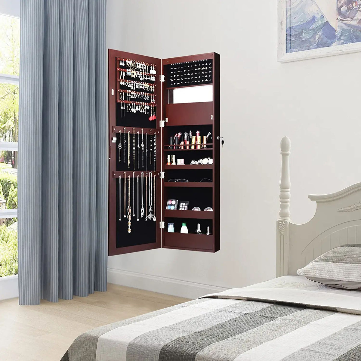 Lockable Wall-Mounted Jewelry Cabinet with LED Lights - Brown