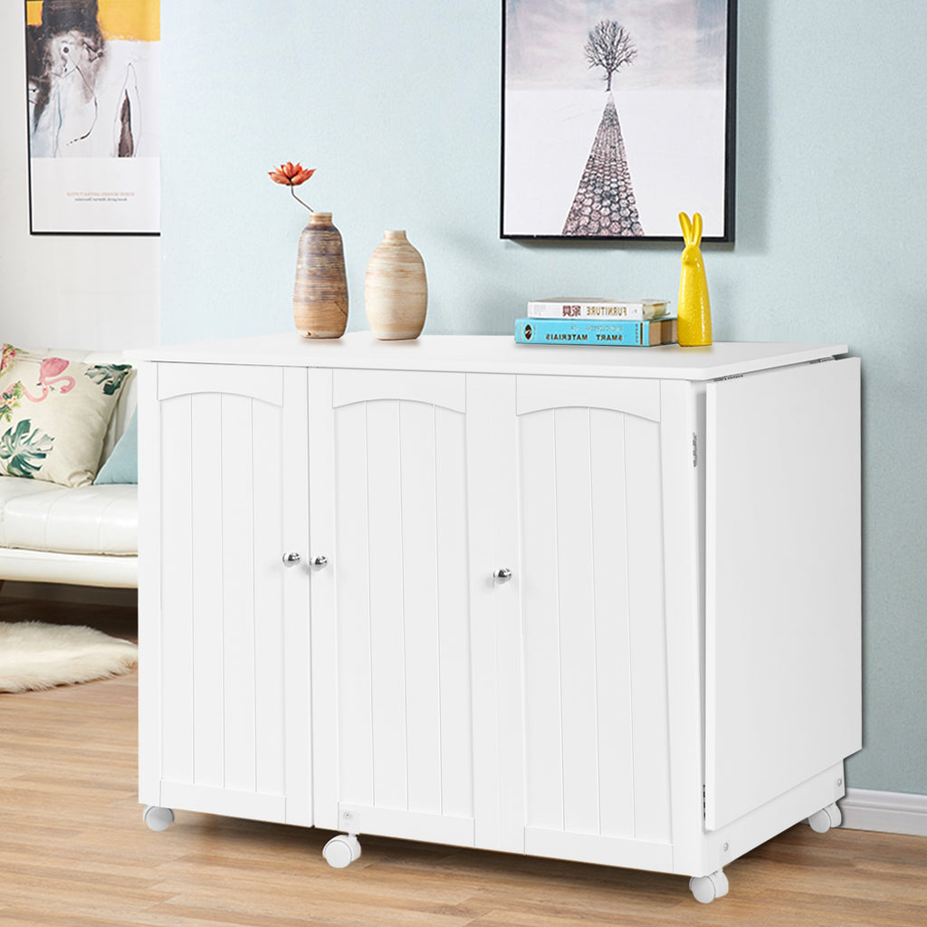 Folding Sewing Table with Storage Shelves and Lockable Casters - White