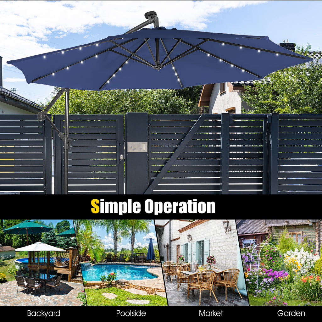 10 x 8.4 Feet Cantilever Patio Umbrella with Solar Lights - Navy