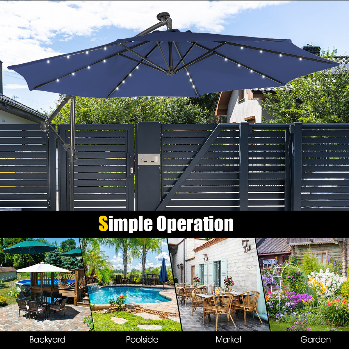 10 x 8.4 Feet Cantilever Patio Umbrella with Solar Lights - Navy