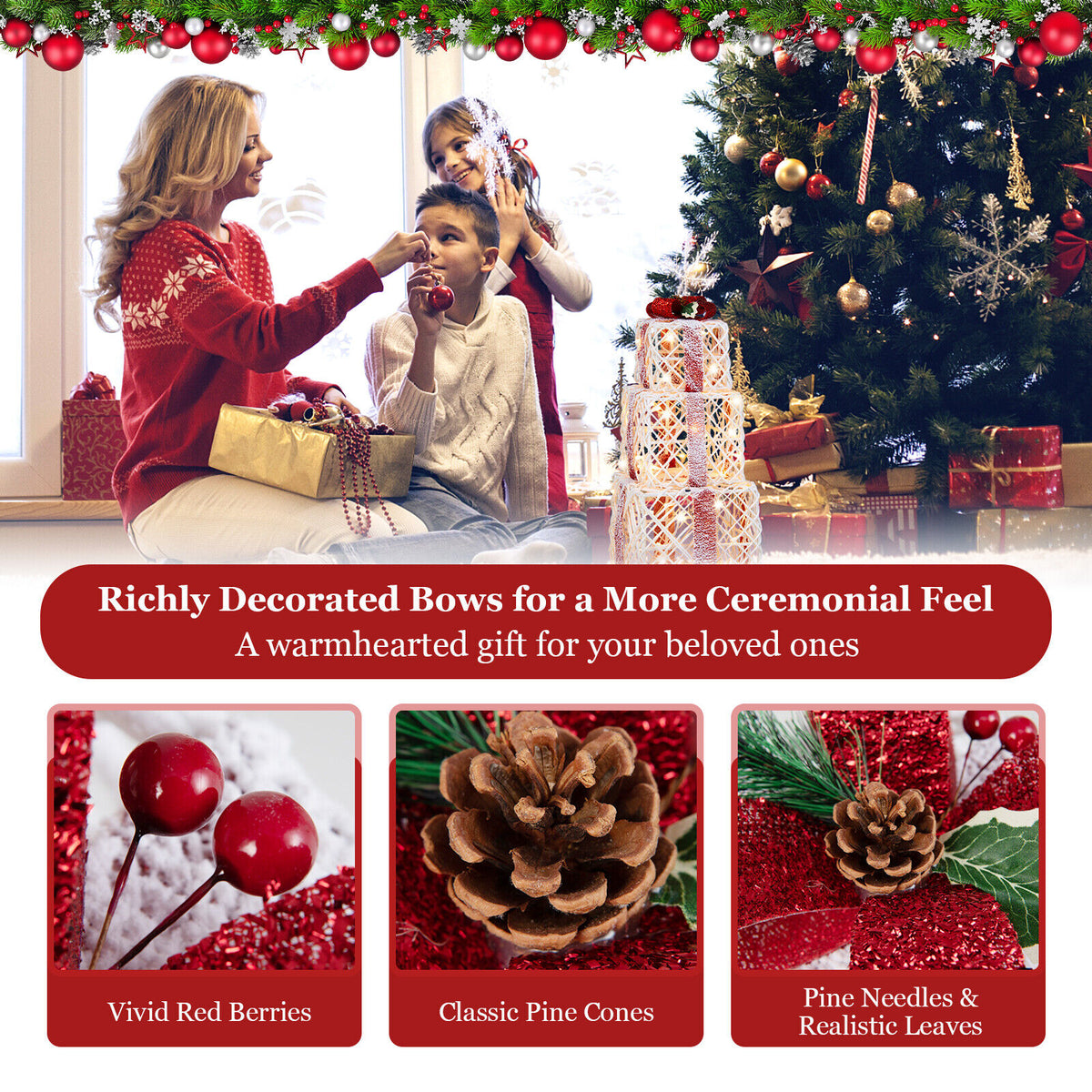 Set of 3 Lighted Christmas Gift Boxes Decorations with Red Bows - Indoor Outdoor Holiday Decor
