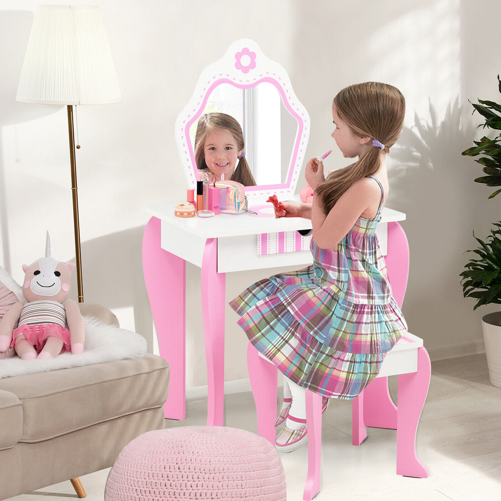 White 2-in-1 Toddler Vanity Set with Detachable Mirror and Flower Pattern