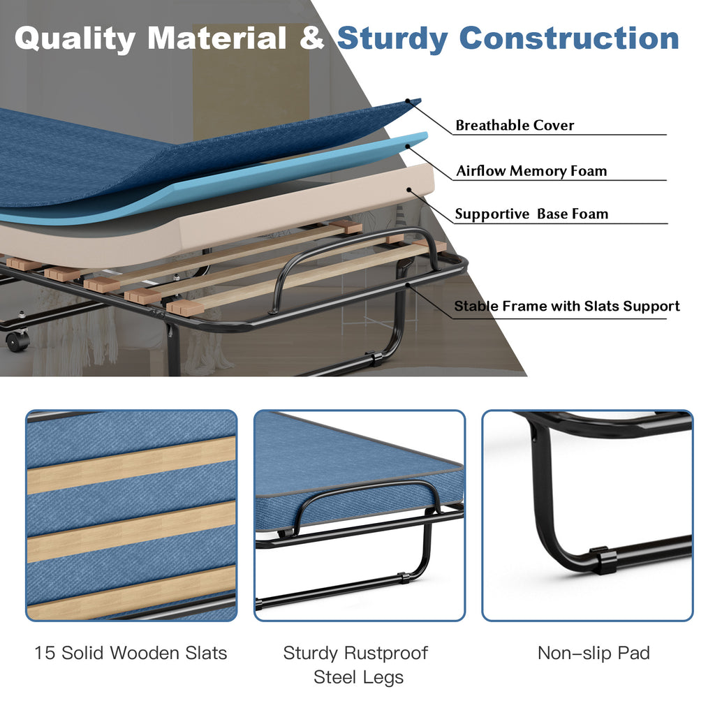 Portable Folding Bed with Memory Foam Mattress – Navy, 440lbs Capacity