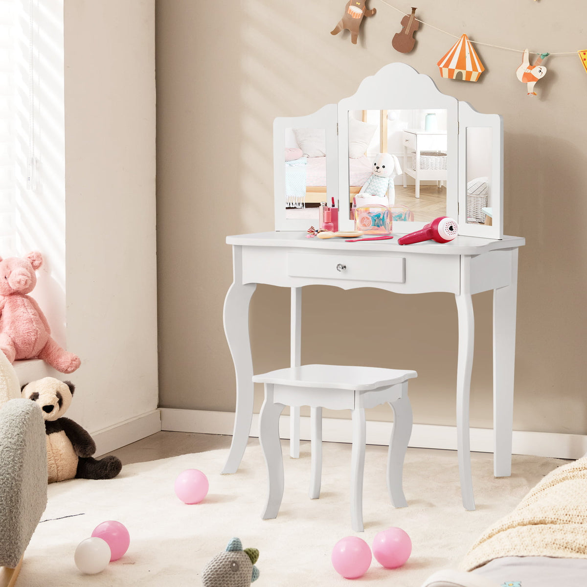 Kids Dressing Vanity Set with Detachable Mirror and Stool - White, No Lights