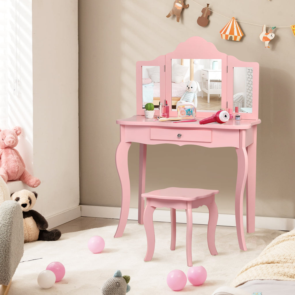 Kids Dressing Vanity Set with Detachable Mirror and Stool - White, No Lights
