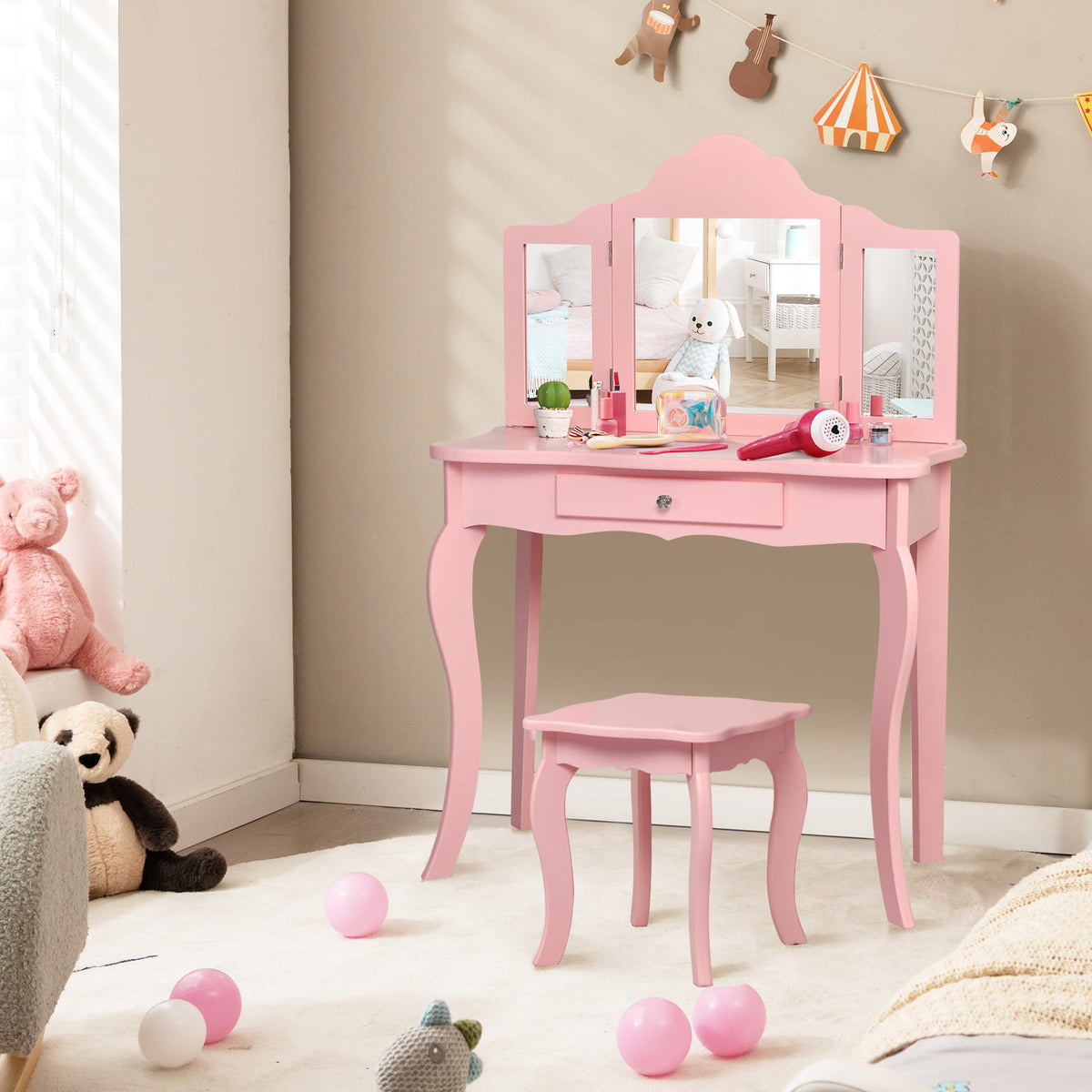 Kids Dressing Vanity Set with Detachable Mirror and Stool - White, No Lights