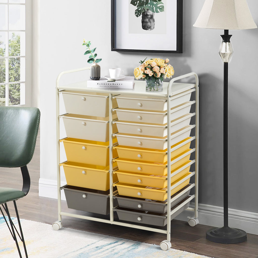 15-Drawer Rolling Utility Cart with Wheels - Yellow