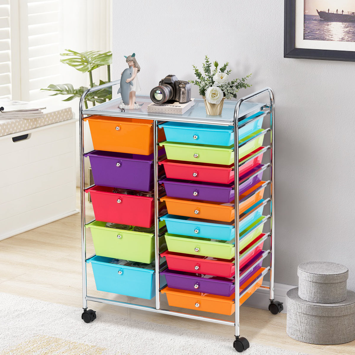 15-Drawer Utility Rolling Cart, Multicolor