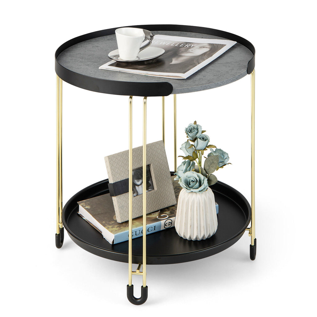 2-Tier Round Side Table with Removable Tray - Golden