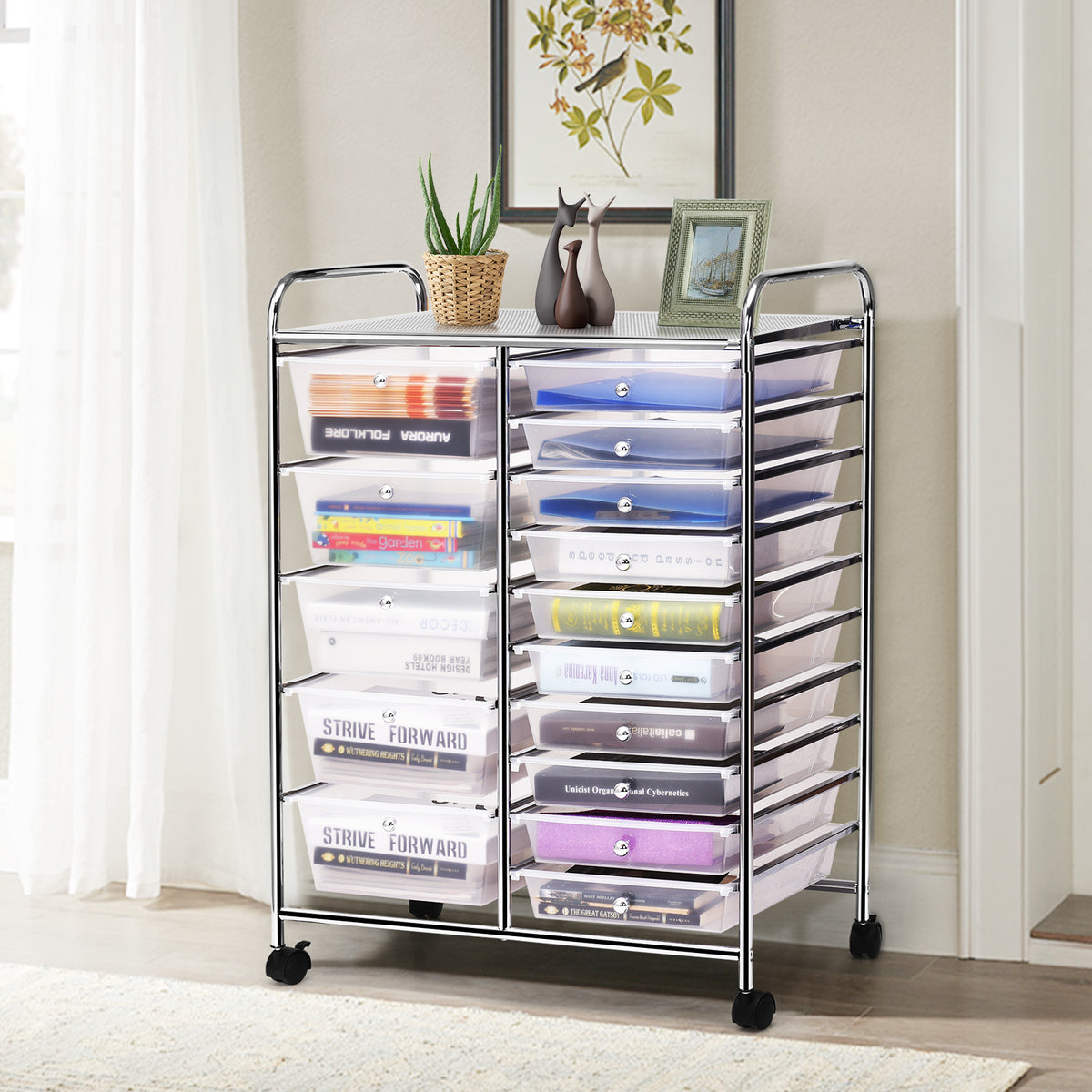 15-Drawer Rolling Utility Cart Storage, Transparent